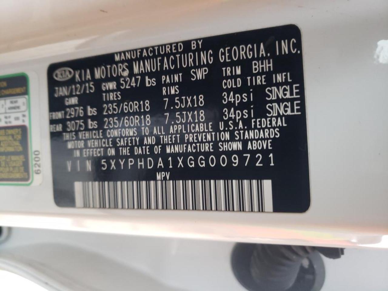 Photo 10 from auction – 2016 KIA SORENTO EX with VIN 5XYPHDA1XGG009721