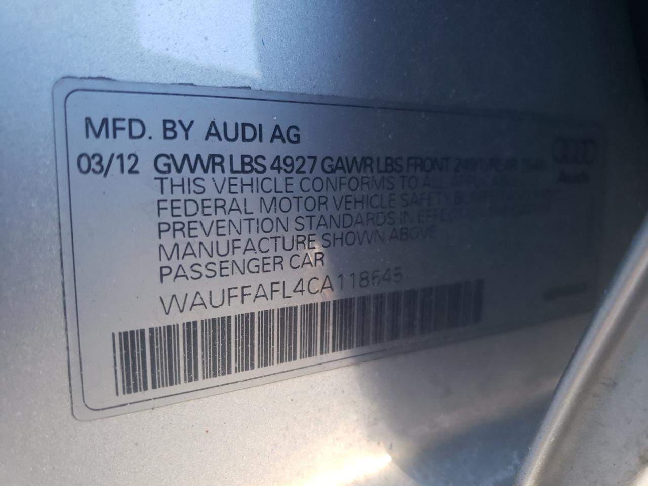 Photo 10 from auction – 2012 AUDI A4 PREMIUM with VIN WAUFFAFL4CA118645