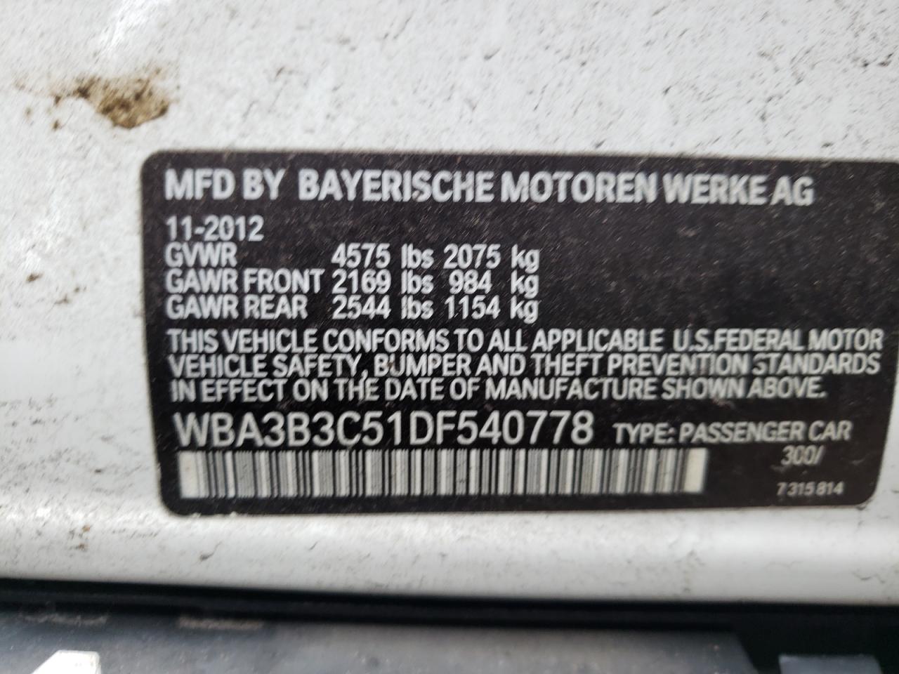 Photo 10 from auction – 2013 BMW 328 XI with VIN WBA3B3C51DF540778