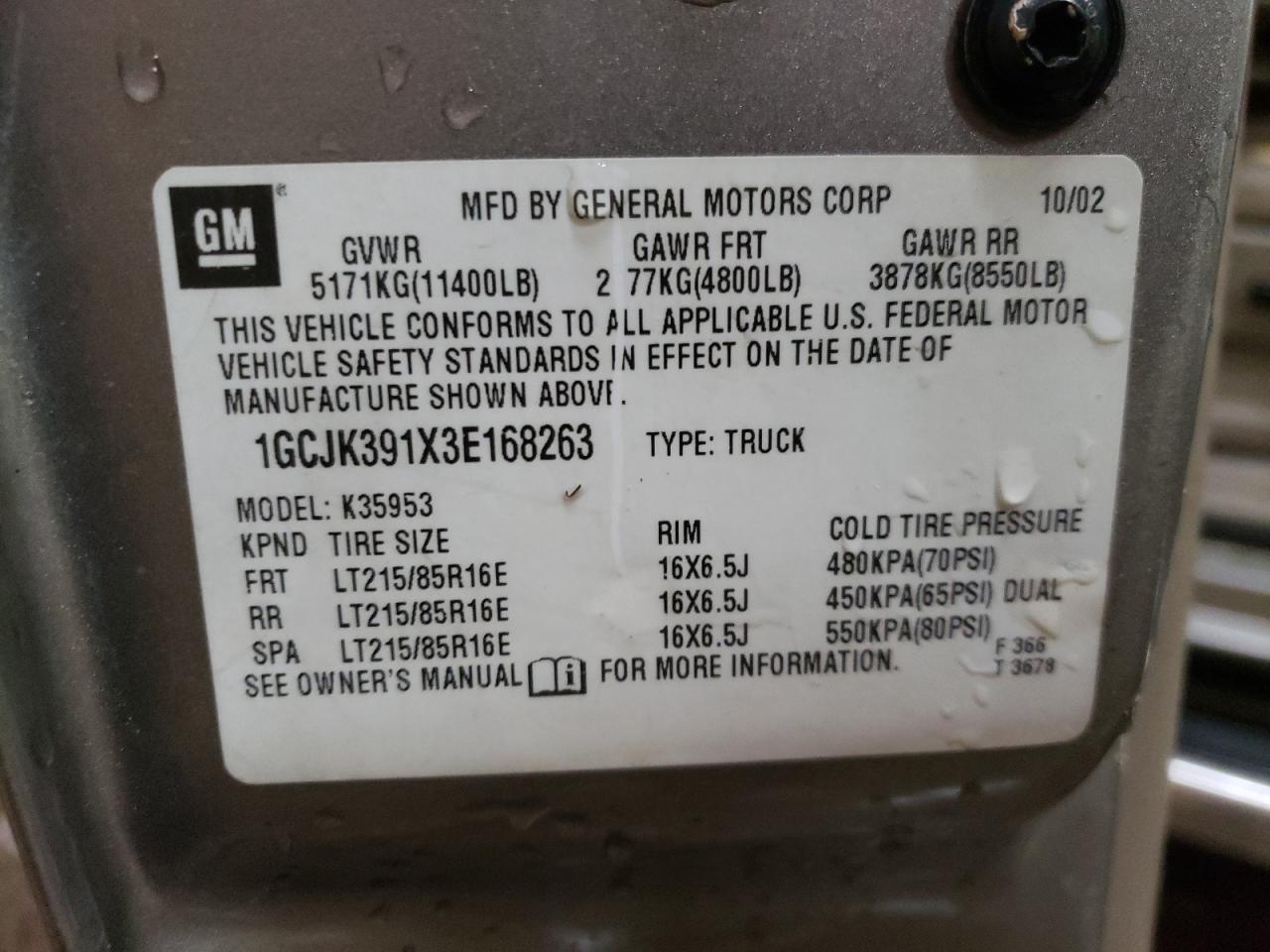 Photo 10 from auction – 2003 CHEVROLET SILVERADO with VIN 1GCJK391X3E168263