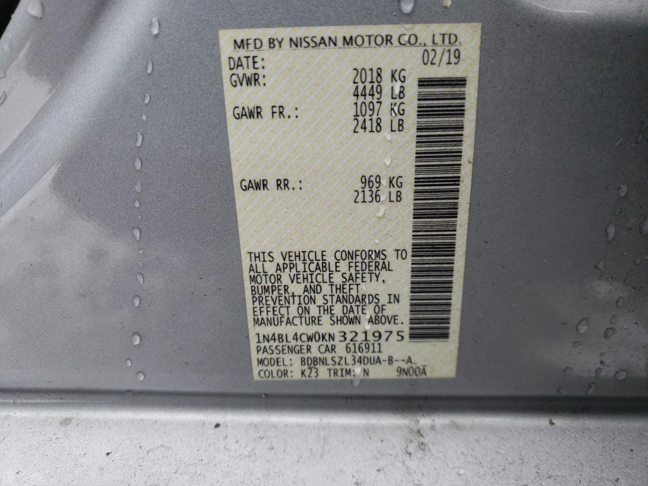Photo 10 from auction – 2019 NISSAN ALTIMA SR with VIN 1N4BL4CW0KN321975