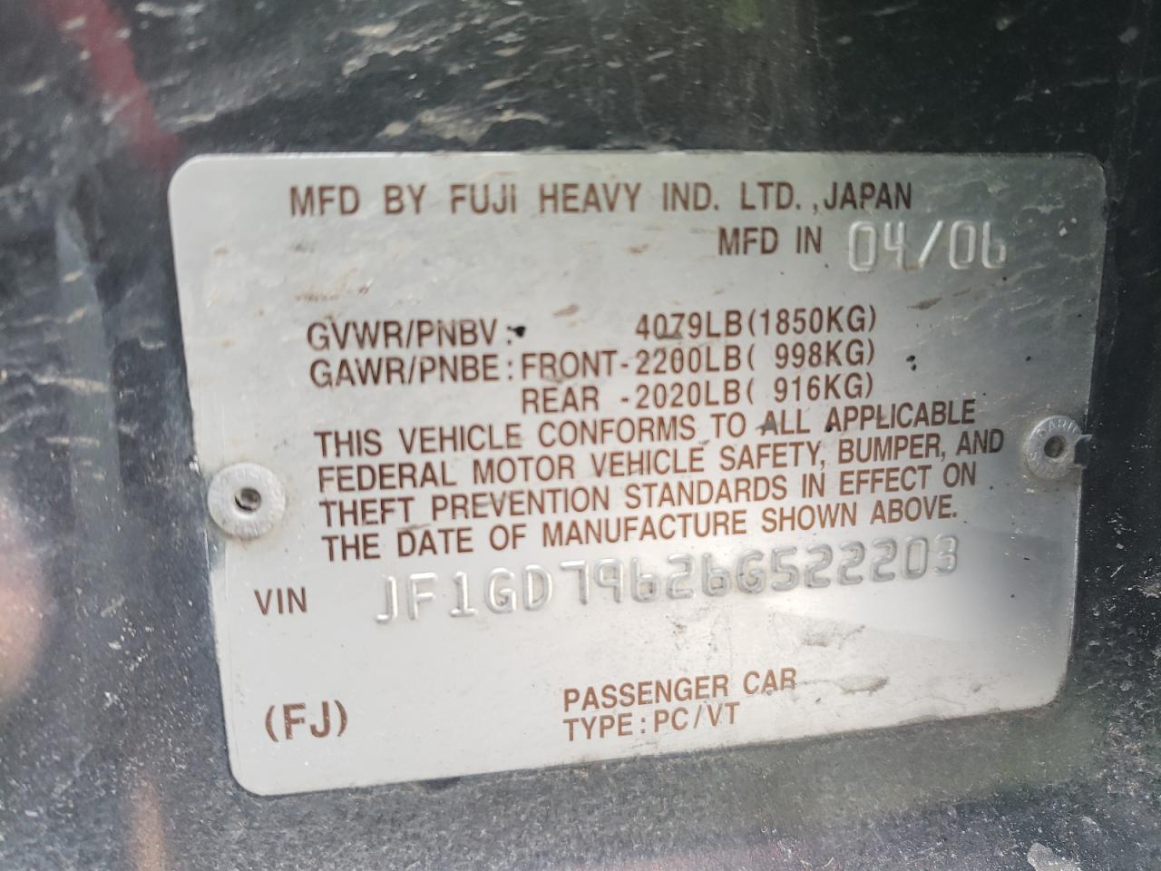 Photo 10 from auction – 2006 SUBARU IMPREZA WR with VIN JF1GD79626G522203