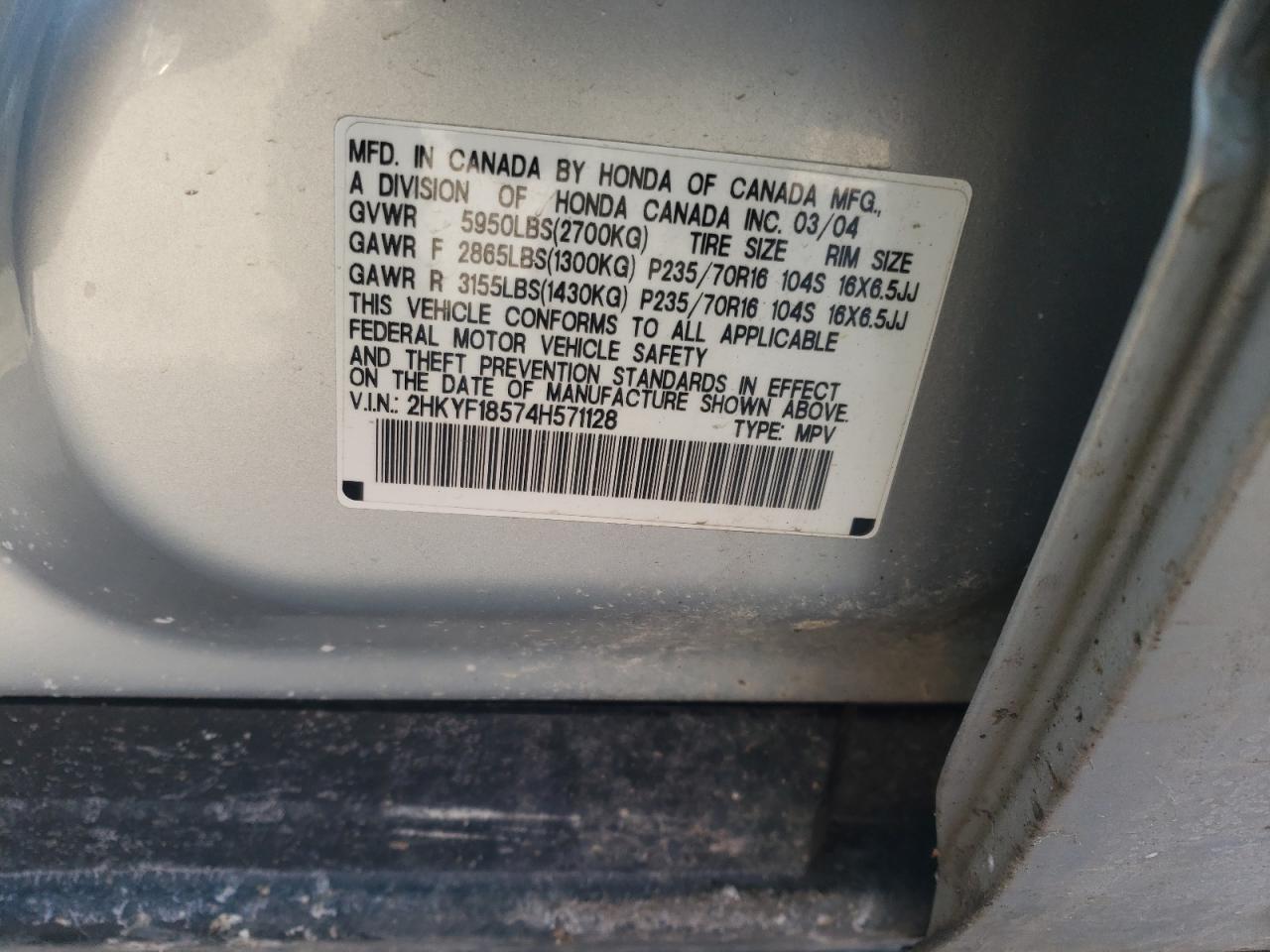 Photo 10 from auction – 2004 HONDA PILOT EXL with VIN 2HKYF18574H571128