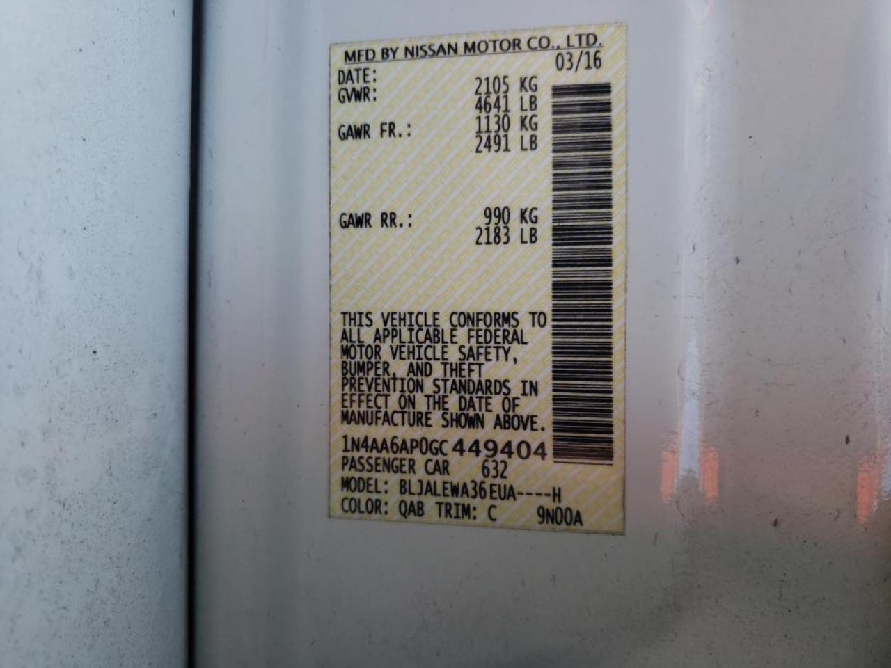 Photo 10 from auction – 2016 NISSAN MAXIMA 3.5 with VIN 1N4AA6AP0GC449404