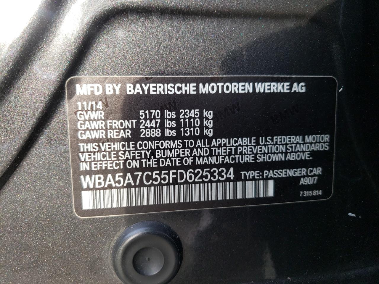 Photo 10 from auction – 2015 BMW 528 XI with VIN WBA5A7C55FD625334