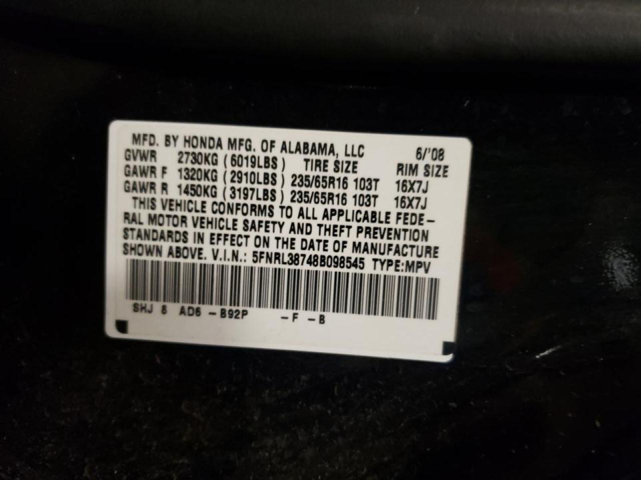 Photo 10 from auction – 2008 HONDA ODYSSEY EX with VIN 5FNRL38748B098545