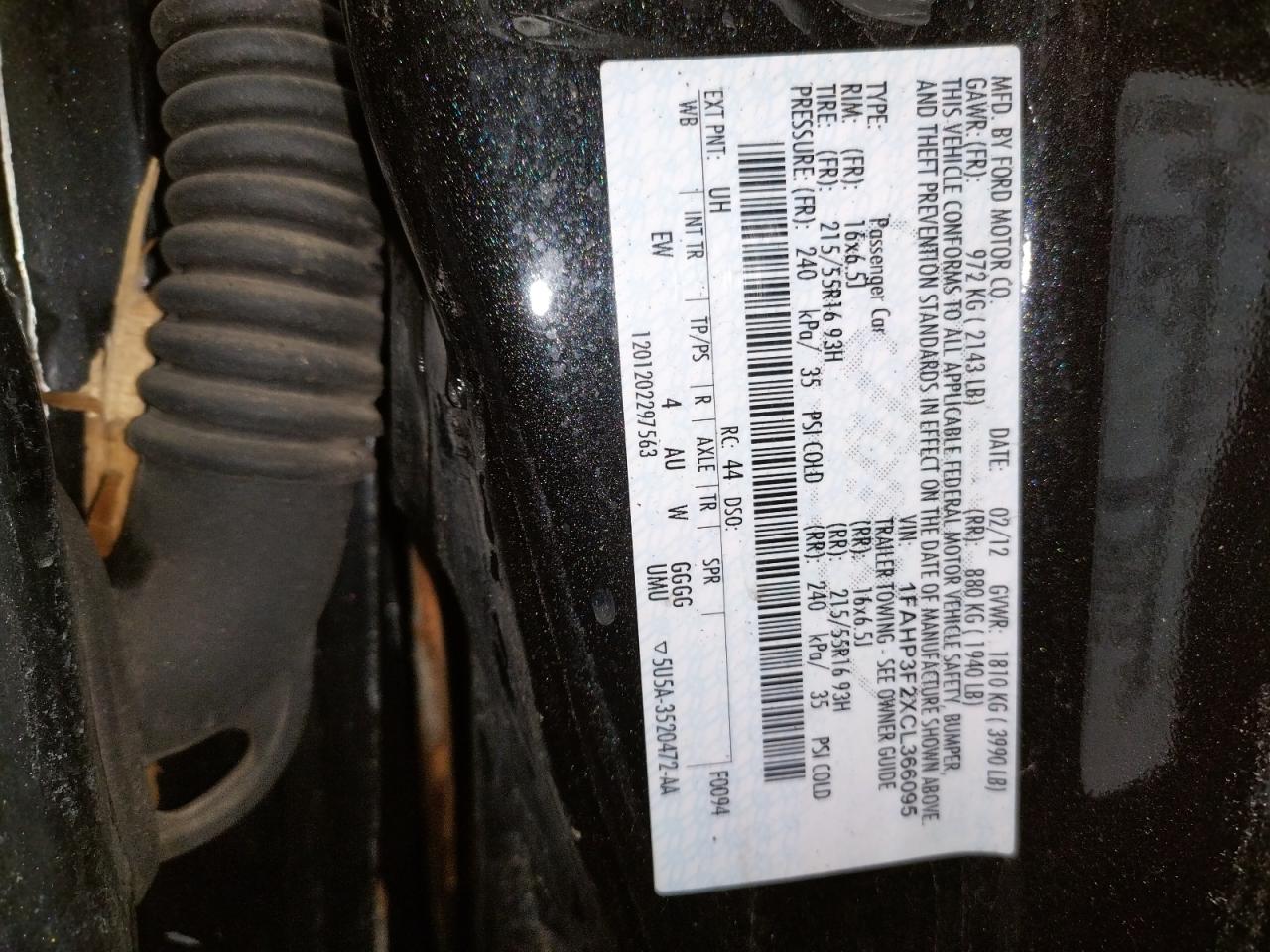 Photo 10 from auction – 2012 FORD FOCUS SE with VIN 1FAHP3F2XCL366095