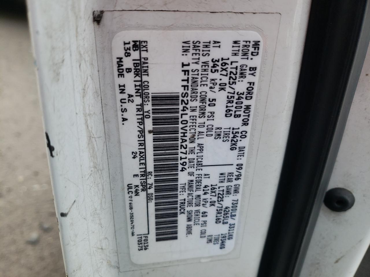Zdjęcie 10 z aukcji – 1997 FORD ECONOLINE z VIN 1FTFS24L0VHA27194