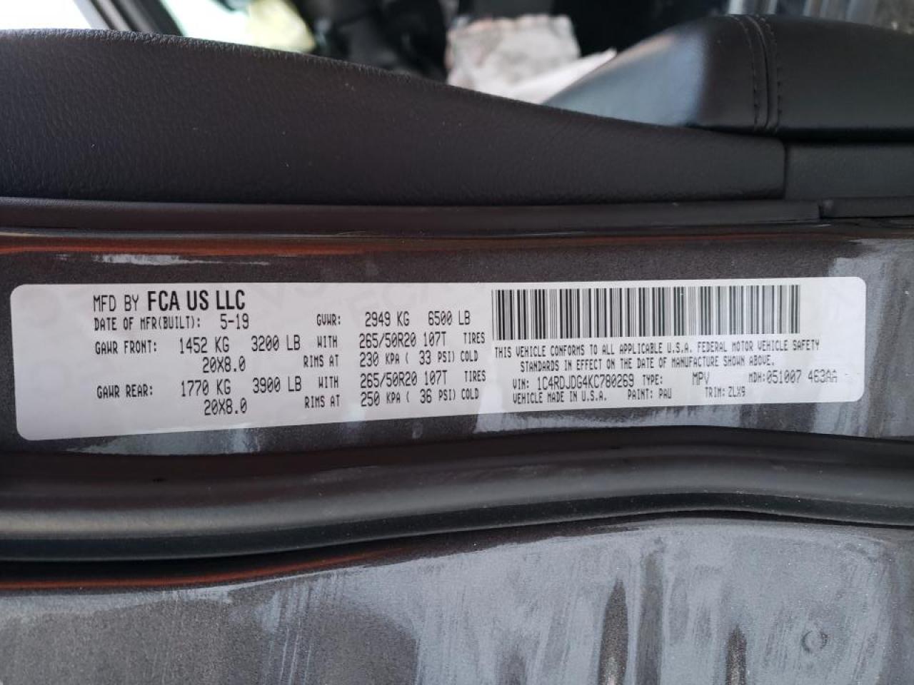 Photo 10 from auction – 2019 DODGE DURANGO GT with VIN 1C4RDJDG4KC780269