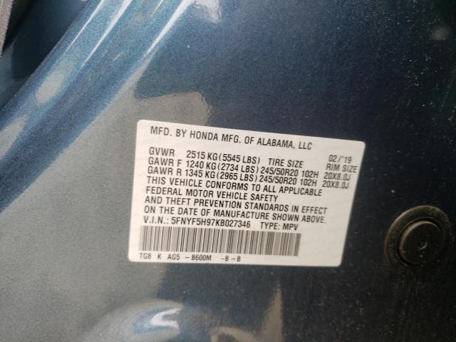 Photo 10 from auction – 2019 HONDA PILOT TOUR with VIN 5FNYF5H97KB027346