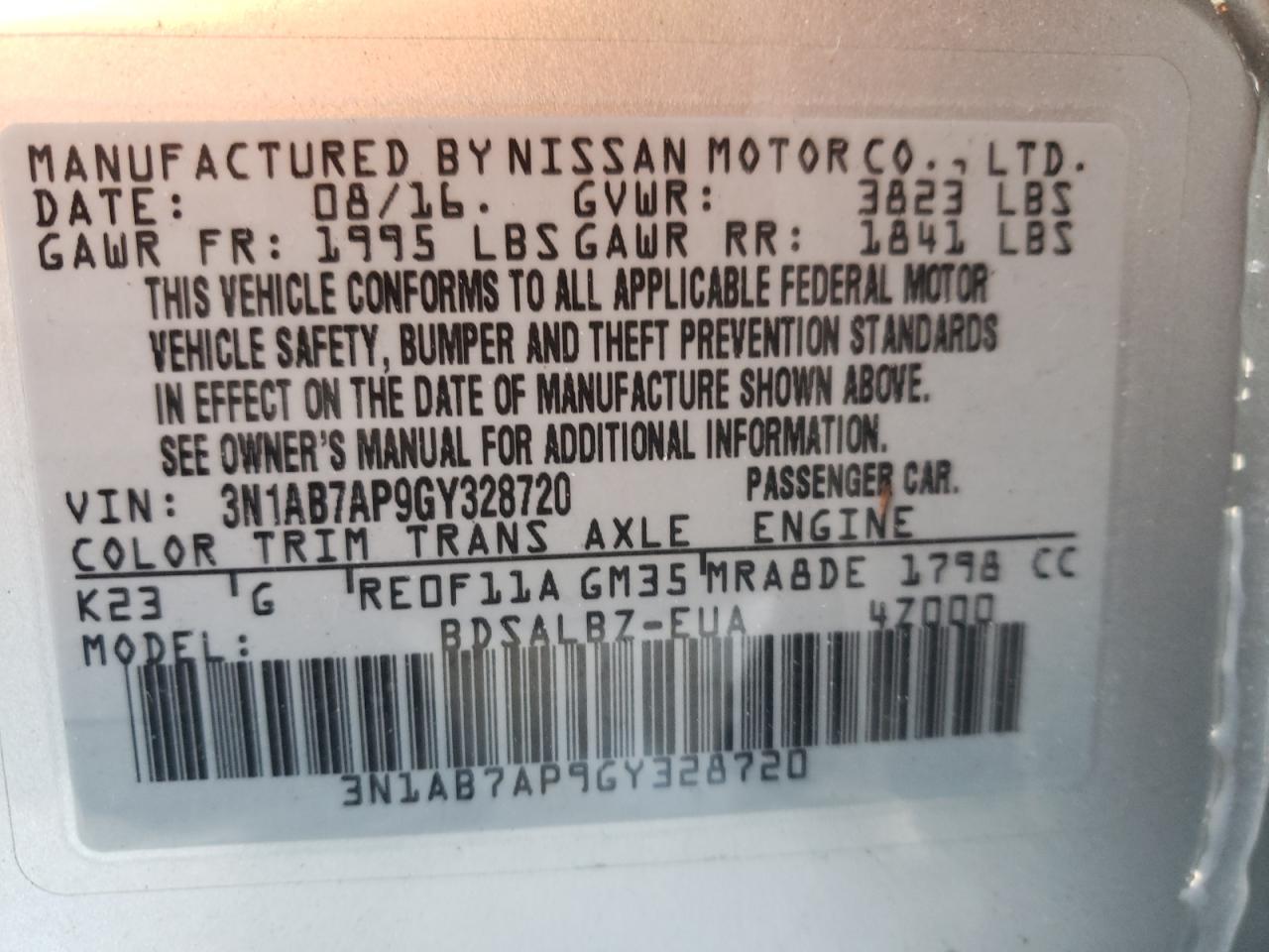 Photo 10 from auction – 2016 NISSAN SENTRA S with VIN 3N1AB7AP9GY328720
