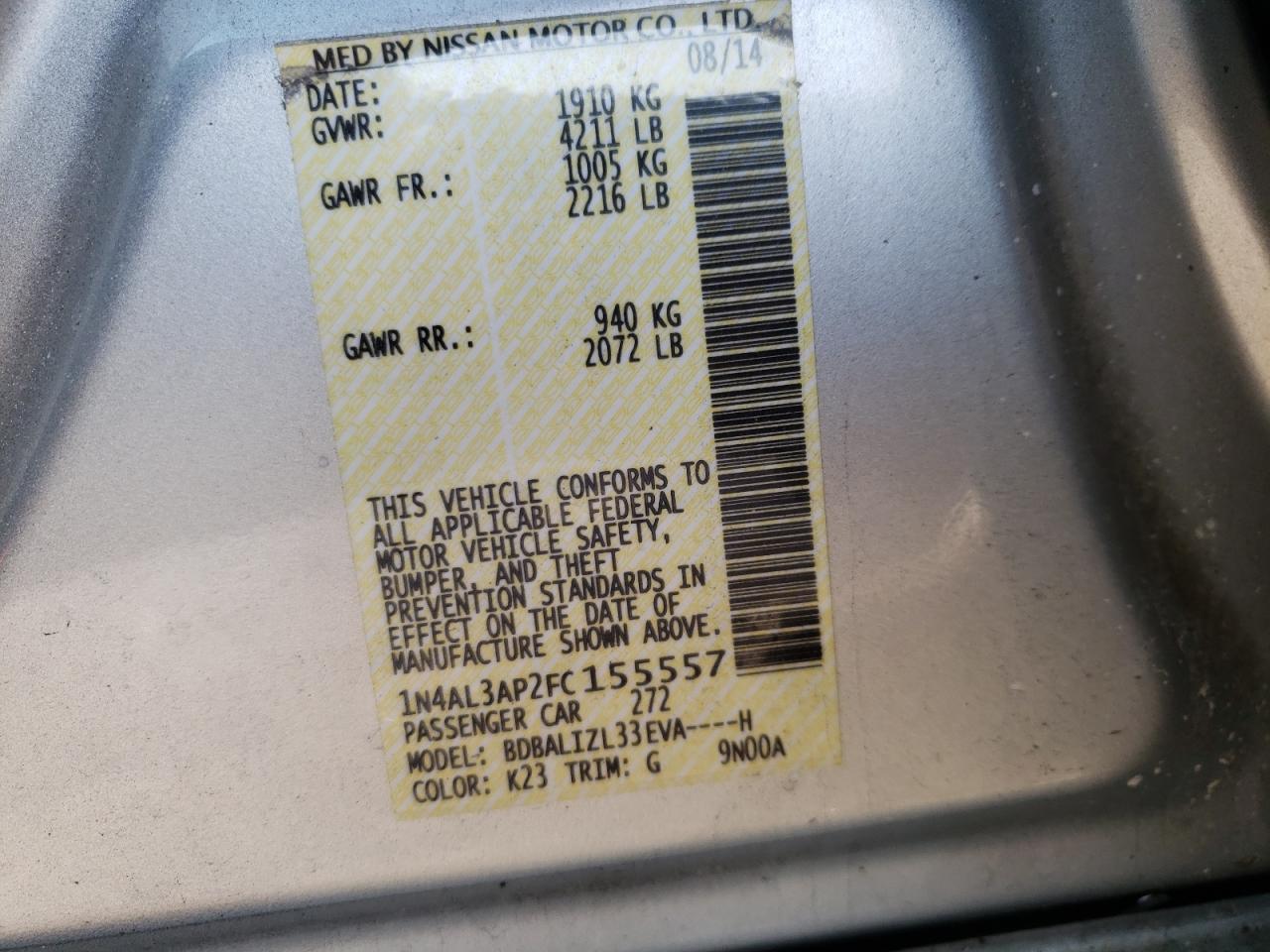 Photo 10 from auction – 2015 NISSAN ALTIMA 2.5 with VIN 1N4AL3AP2FC155557
