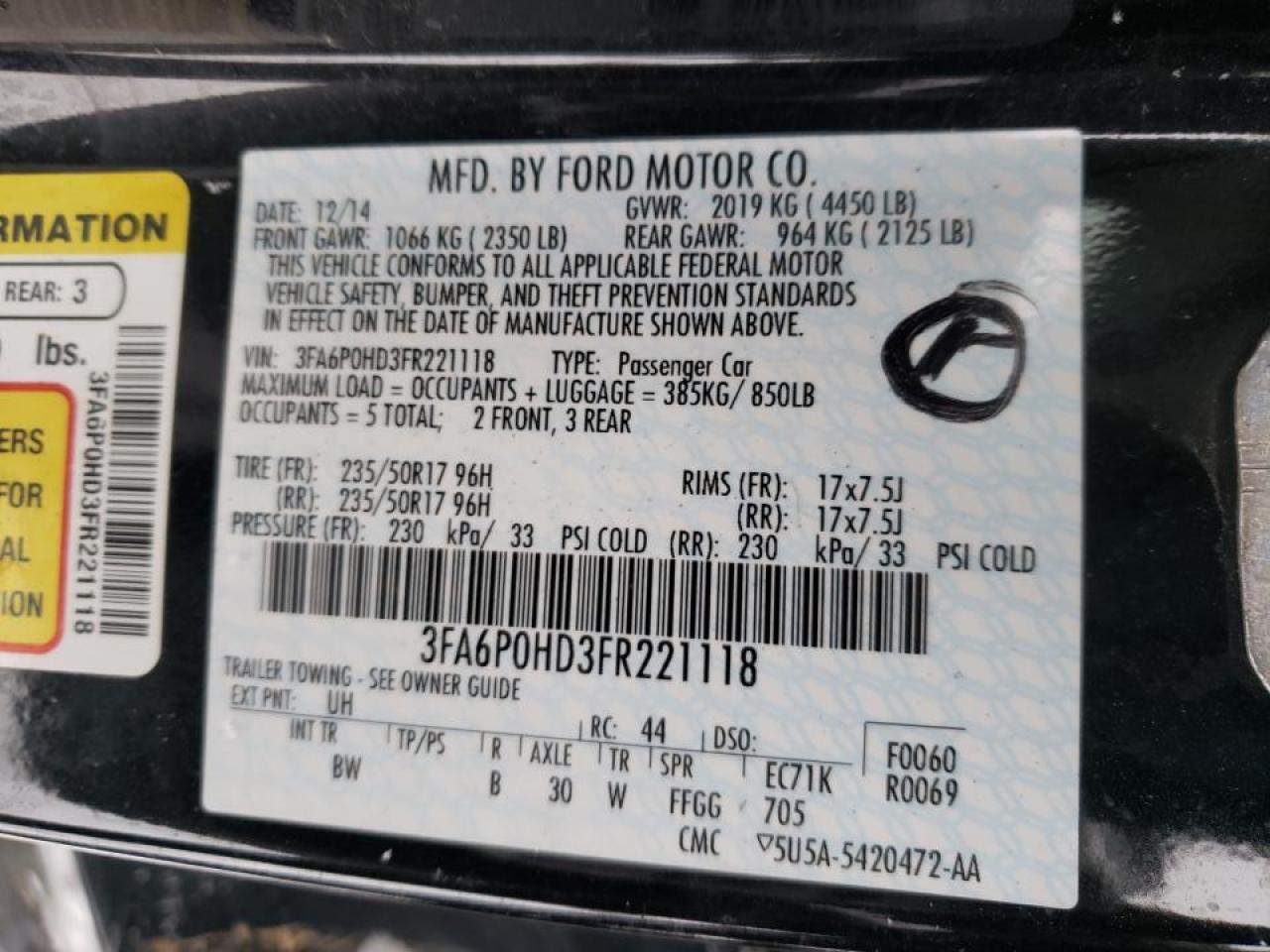 Photo 10 from auction – 2015 FORD FUSION SE with VIN 3FA6P0HD3FR221118