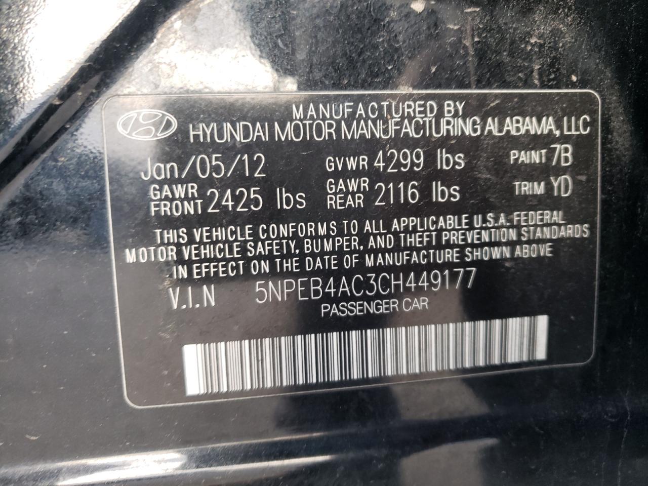 Photo 10 from auction – 2012 HYUNDAI SONATA GLS with VIN 5NPEB4AC3CH449177