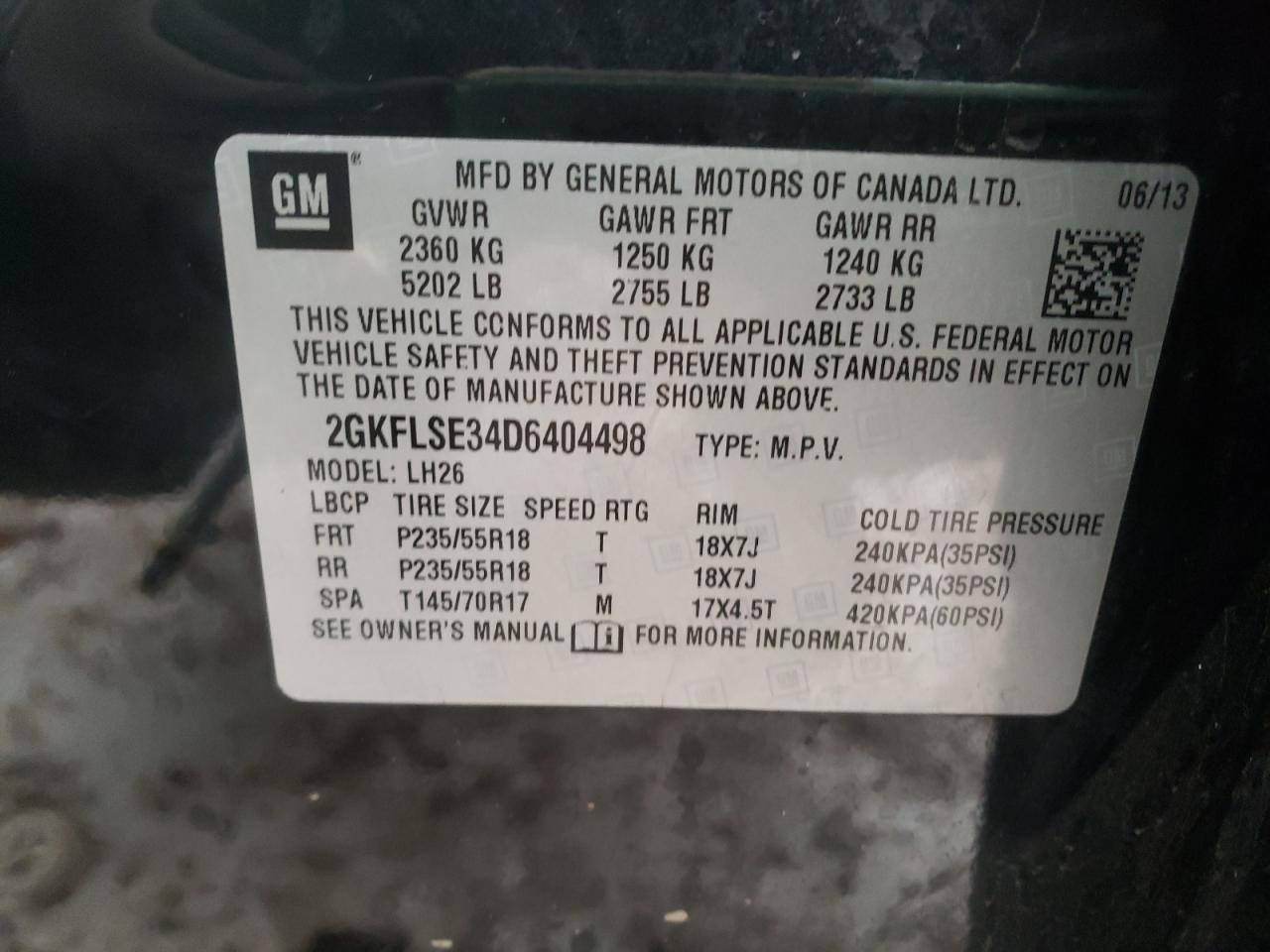 Photo 10 from auction – 2013 GMC TERRAIN SL with VIN 2GKFLSE34D6404498