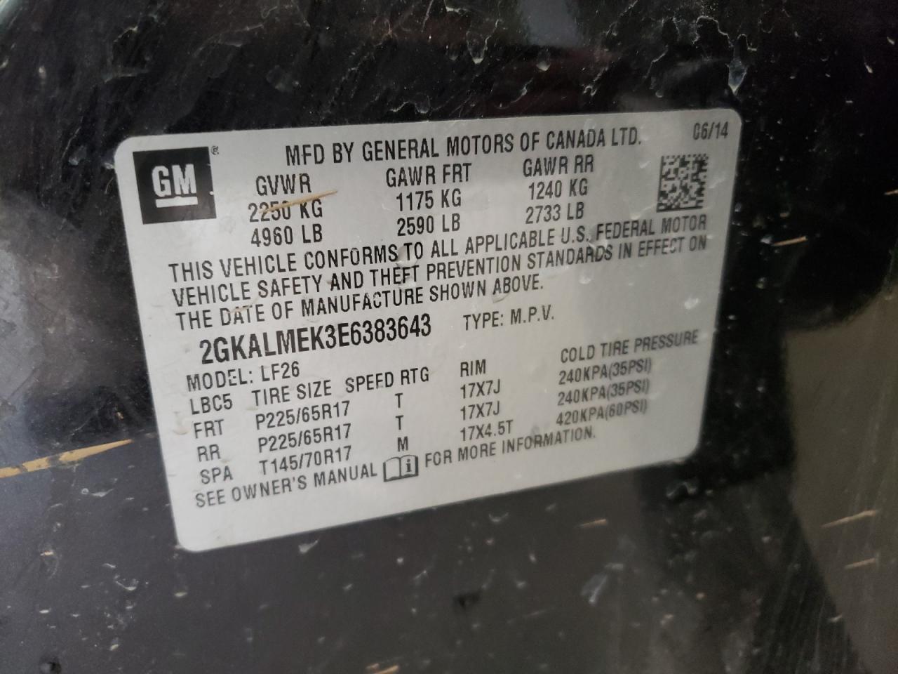 Photo 10 from auction – 2014 GMC TERRAIN SL with VIN 2GKALMEK3E6383643