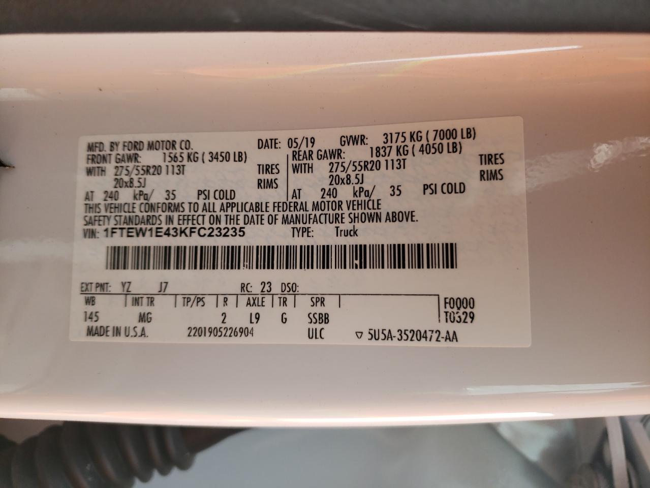Photo 10 from auction – 2019 FORD F150 SUPER with VIN 1FTEW1E43KFC23235