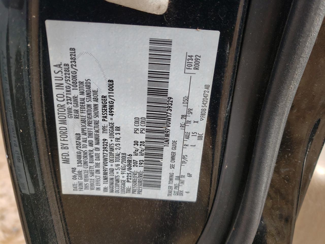 Photo 10 from auction – 1998 LINCOLN CONTINENTA with VIN 1LNFM97V0WY739329