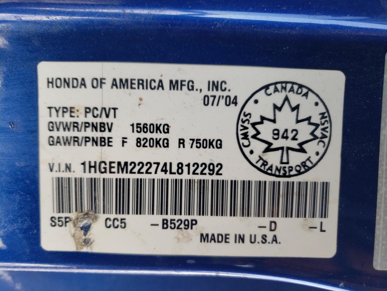 Photo 10 from auction – 2004 HONDA CIVIC DX with VIN 1HGEM22274L812292