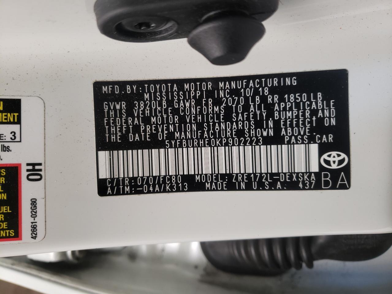 Photo 10 from auction – 2019 TOYOTA COROLLA L with VIN 5YFBURHE0KP902223