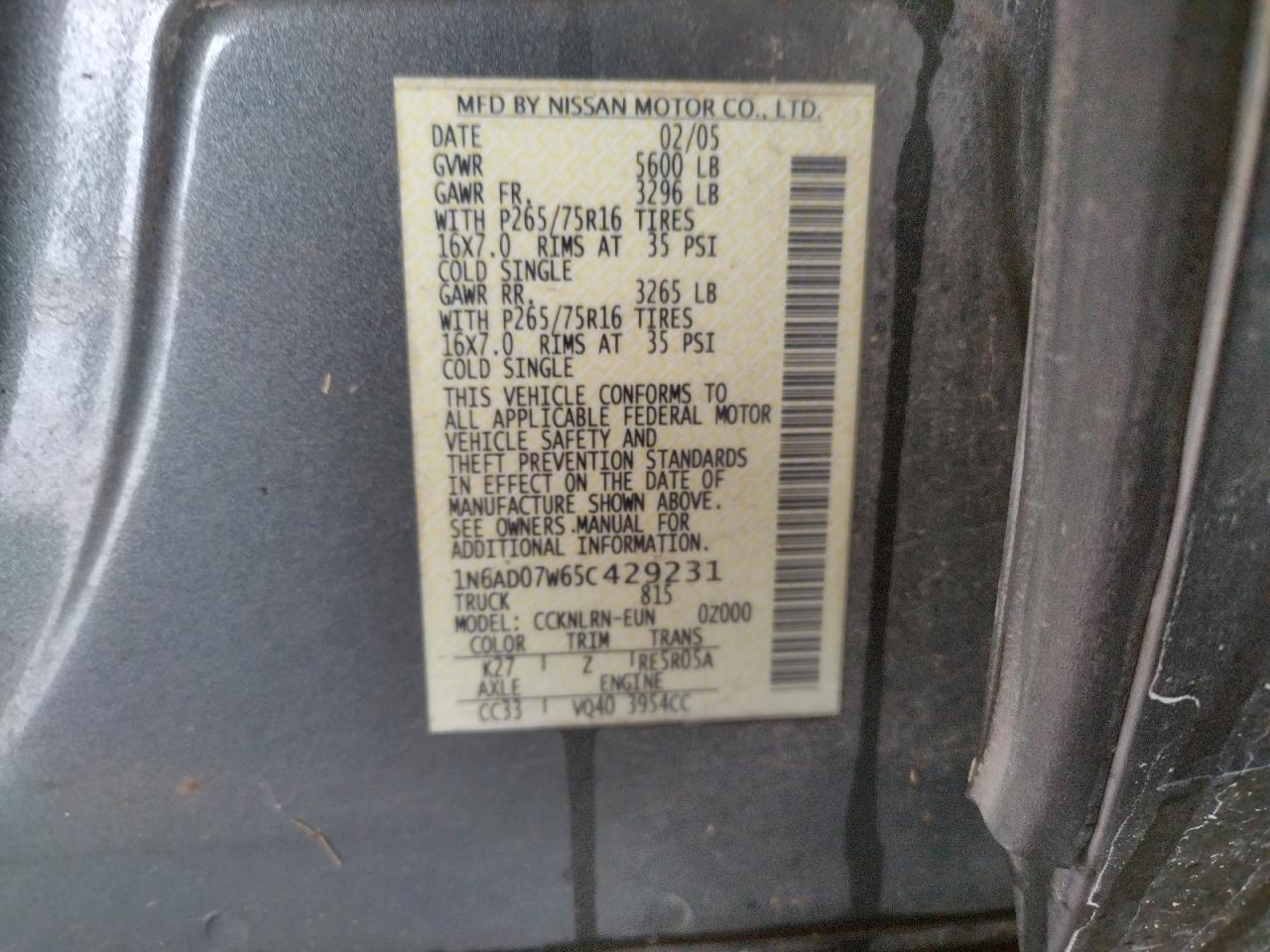 Photo 10 from auction – 2005 NISSAN FRONTIER C with VIN 1N6AD07W65C429231