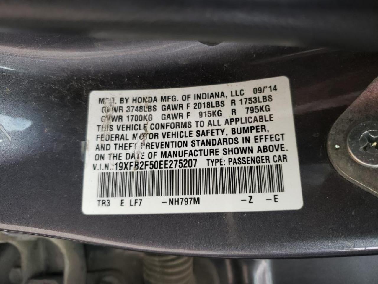 Photo 10 from auction – 2014 HONDA CIVIC LX with VIN 19XFB2F50EE275207