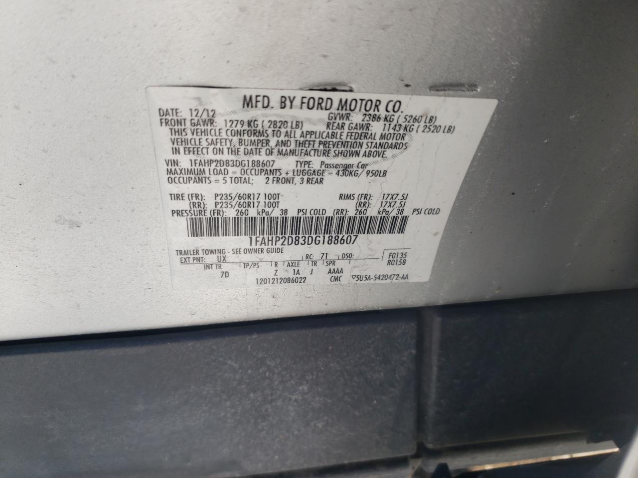 Photo 10 from auction – 2013 FORD TAURUS SE with VIN 1FAHP2D83DG188607