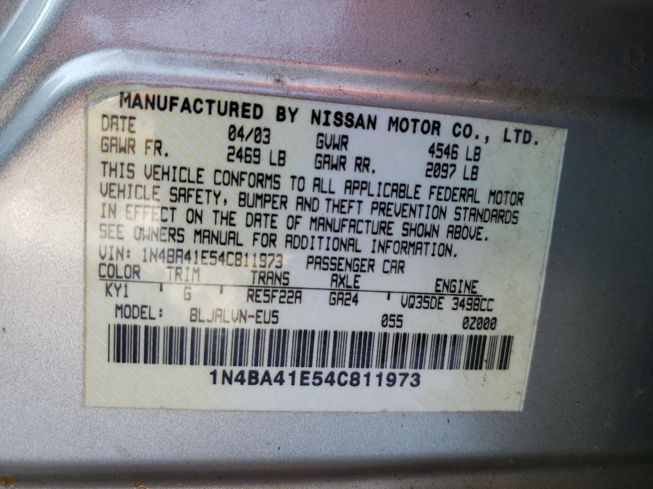 Photo 10 from auction – 2004 NISSAN MAXIMA SE with VIN 1N4BA41E54C811973