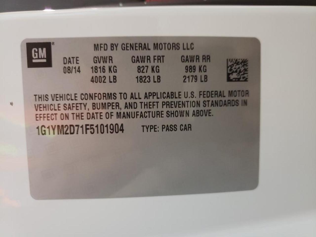 Photo 10 from auction – 2015 CHEVROLET CORVETTE S with VIN 1G1YM2D71F5101904