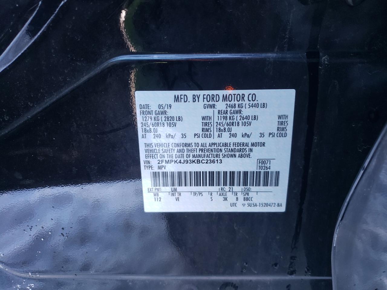 Photo 10 from auction – 2019 FORD EDGE SEL with VIN 2FMPK4J93KBC23613