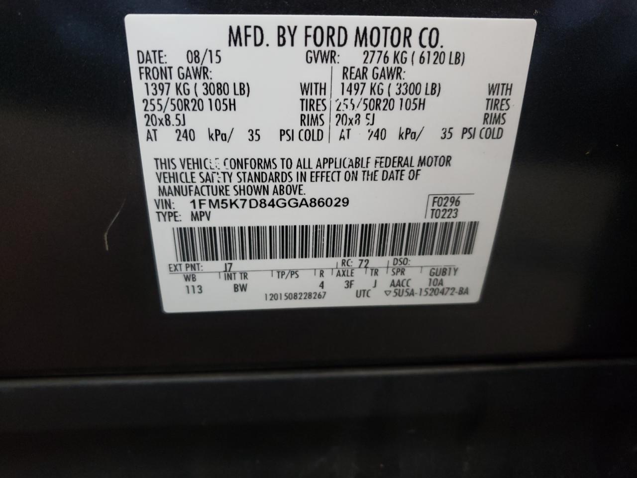 Photo 10 from auction – 2016 FORD EXPLORER X with VIN 1FM5K7D84GGA86029