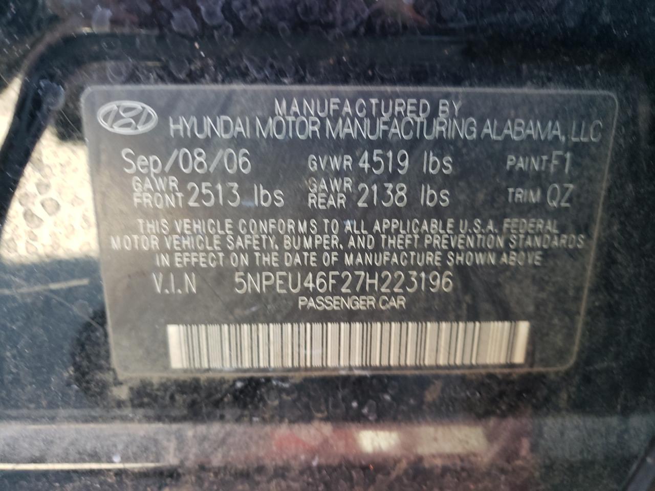 Photo 10 from auction – 2007 HYUNDAI SONATA SE with VIN 5NPEU46F27H223196