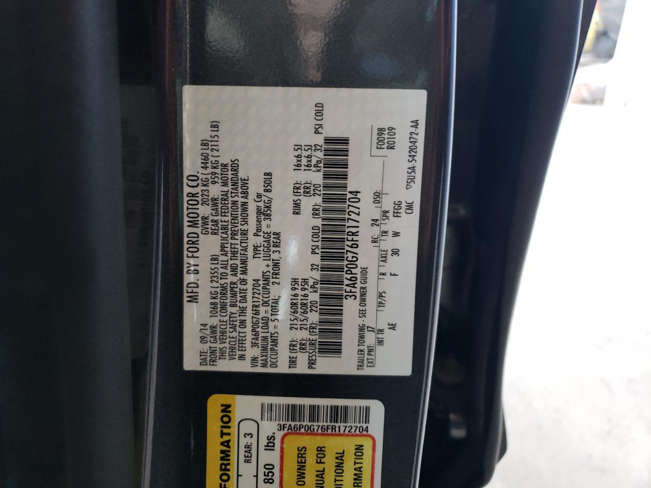 Photo 10 from auction – 2015 FORD FUSION S with VIN 3FA6P0G76FR172704