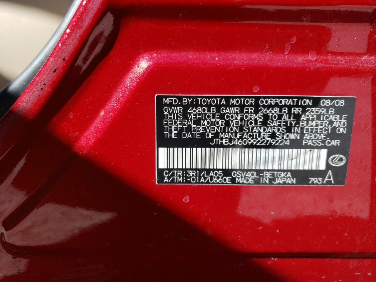 Photo 10 from auction – 2009 LEXUS ES 350 with VIN JTHBJ46G992279224