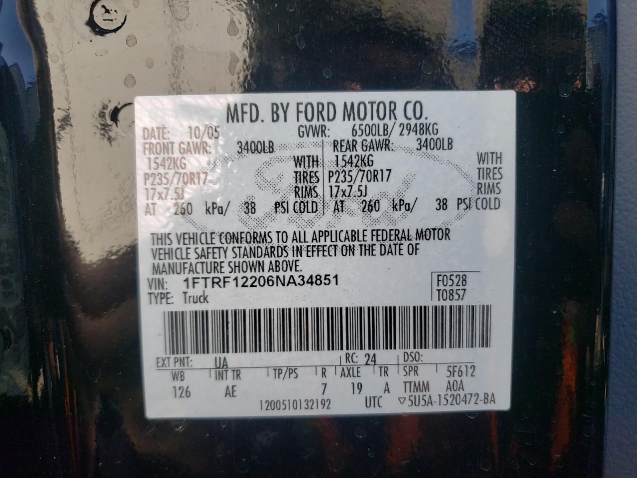 Photo 10 from auction – 2006 FORD F150 with VIN 1FTRF12206NA34851