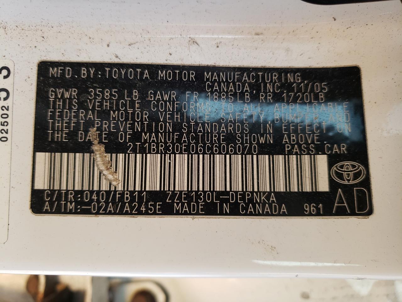 Photo 10 from auction – 2006 TOYOTA COROLLA CE with VIN 2T1BR30E06C606070