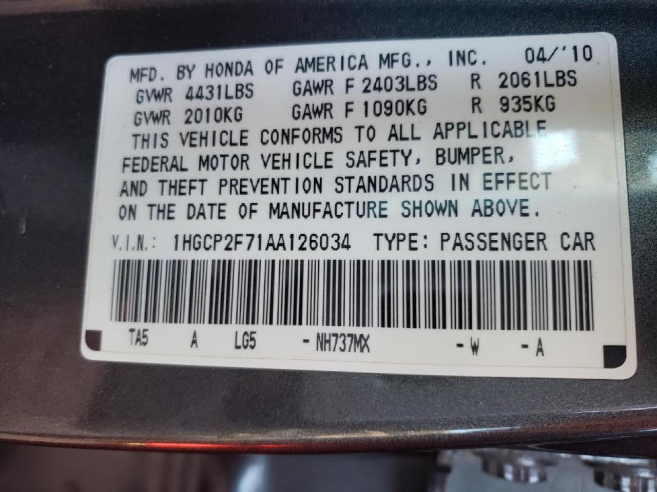 Photo 10 from auction – 2010 HONDA ACCORD EX with VIN 1HGCP2F71AA126034