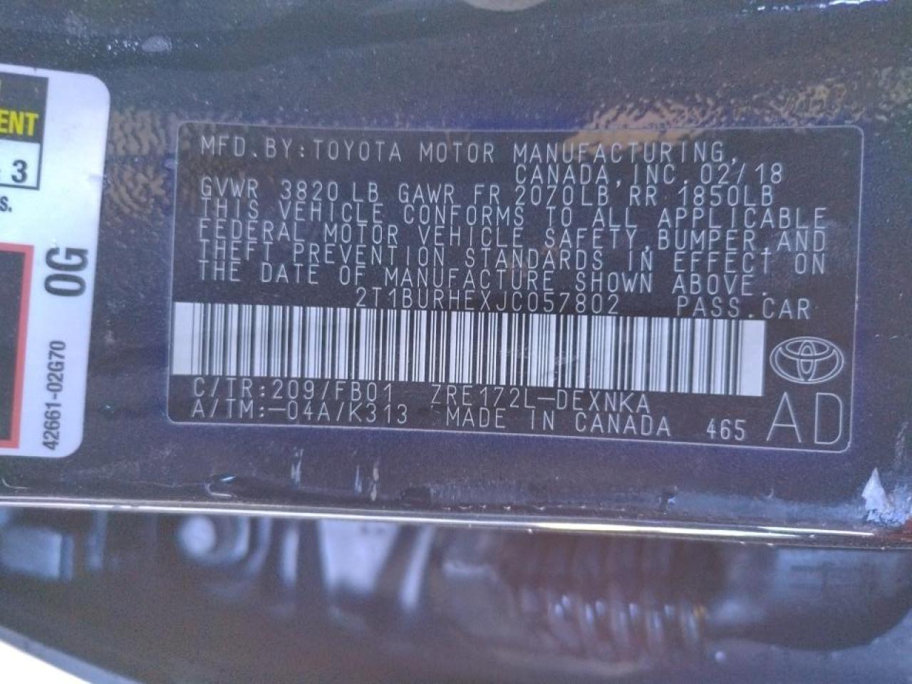 Photo 10 from auction – 2018 TOYOTA COROLLA L with VIN 2T1BURHEXJC057802