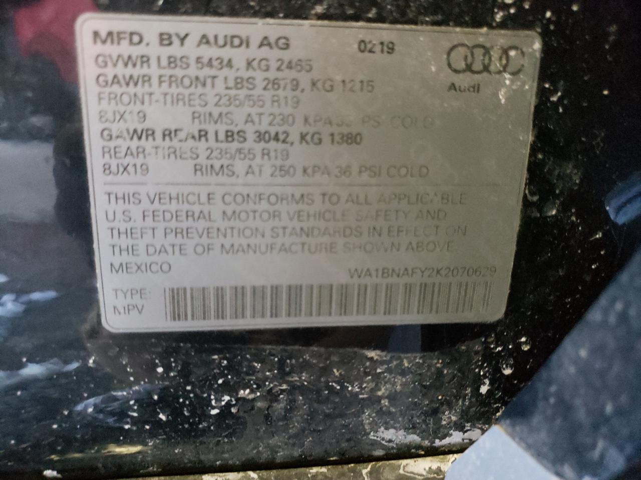 Photo 10 from auction – 2019 AUDI Q5 PREMIUM with VIN WA1BNAFY2K2070629