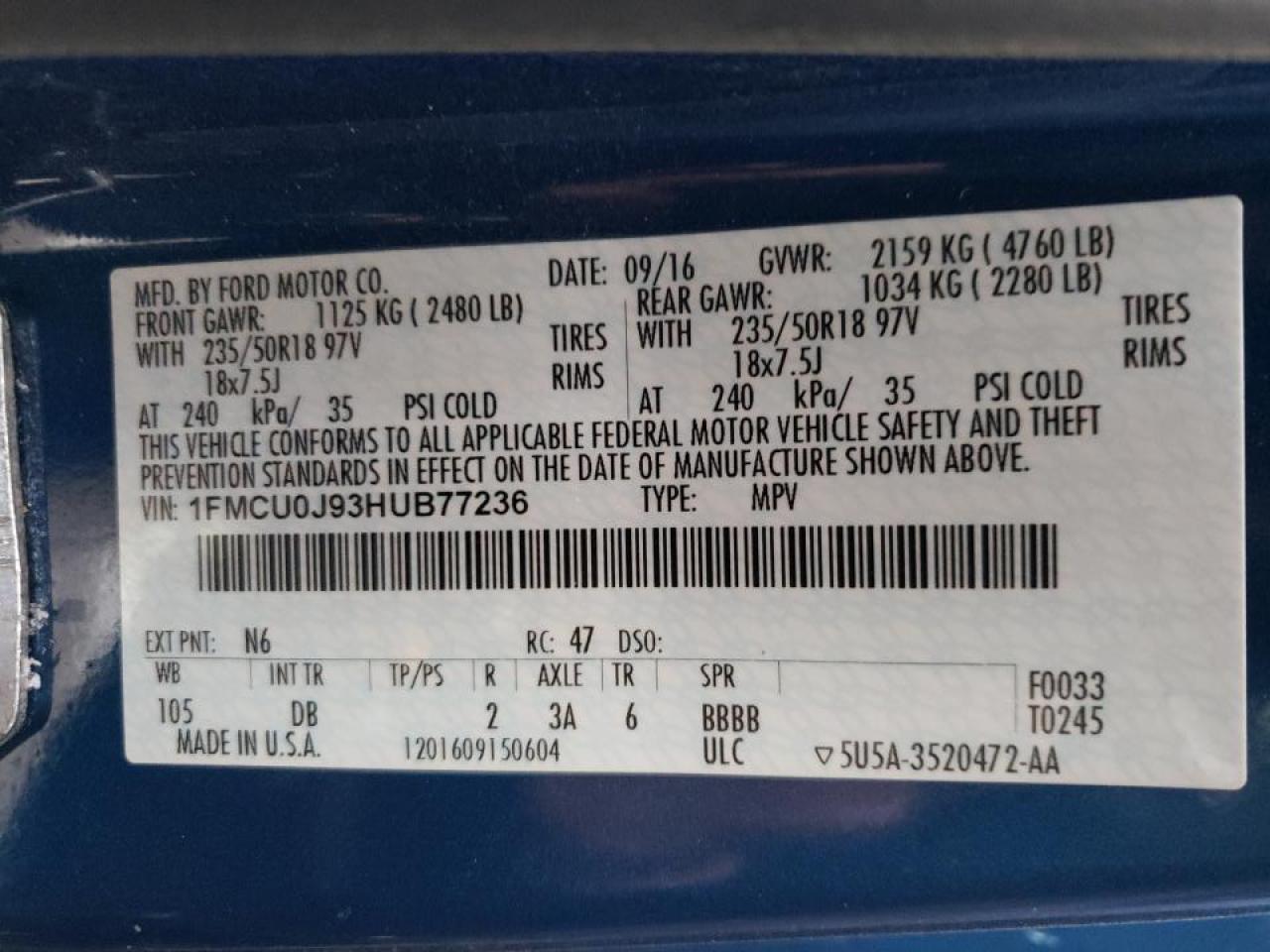 Photo 10 from auction – 2017 FORD ESCAPE TIT with VIN 1FMCU0J93HUB77236