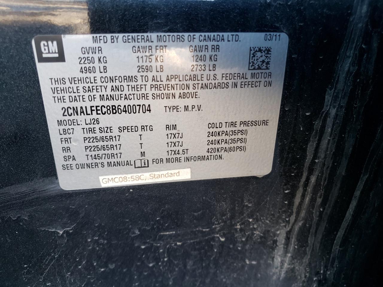 Photo 10 from auction – 2011 CHEVROLET EQUINOX LT with VIN 2CNALFEC8B6400704