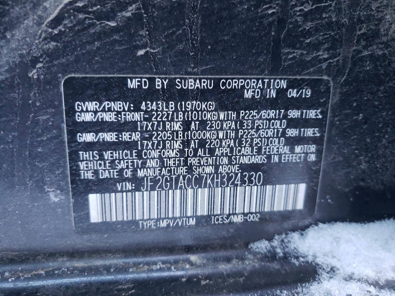 Photo 10 from auction – 2019 SUBARU CROSSTREK with VIN JF2GTACC7KH324330