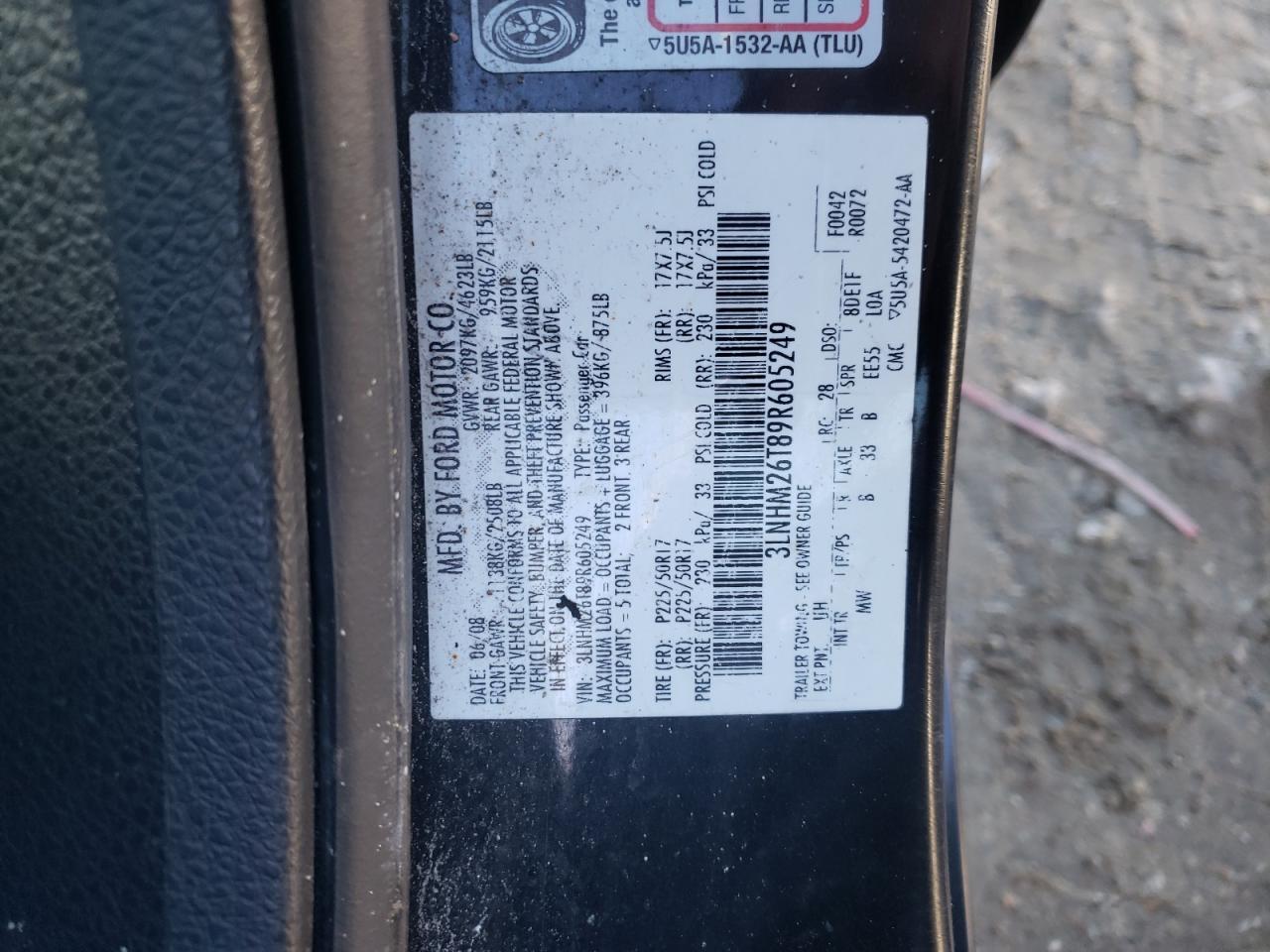 Photo 10 from auction – 2009 LINCOLN MKZ with VIN 3LNHM26T89R605249