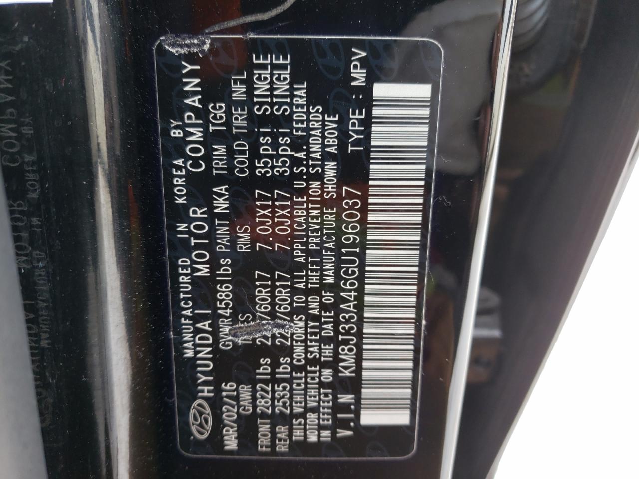 Photo 10 from auction – 2016 HYUNDAI TUCSON LIM with VIN KM8J33A46GU196037