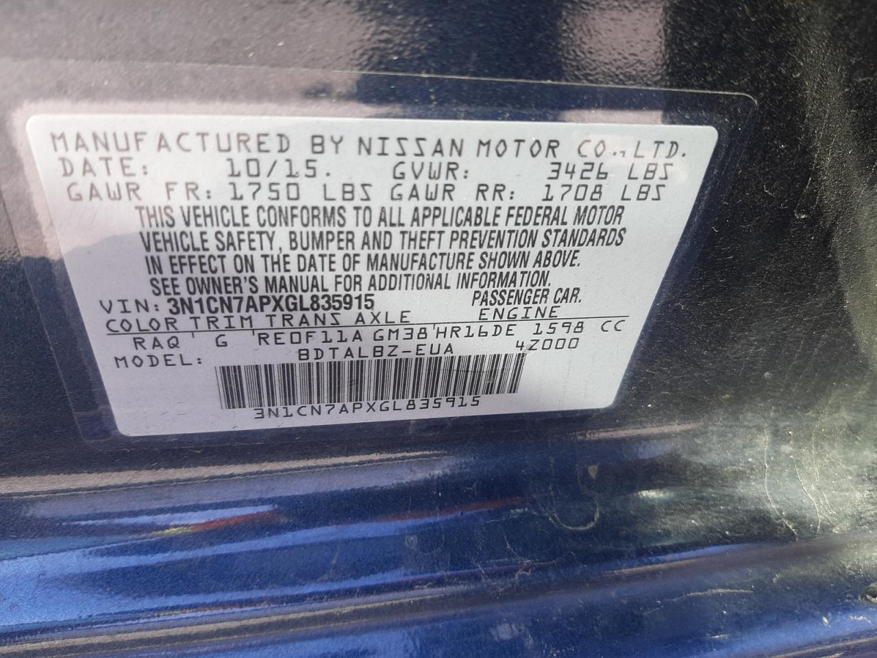 Photo 10 from auction – 2016 NISSAN VERSA S with VIN 3N1CN7APXGL835915