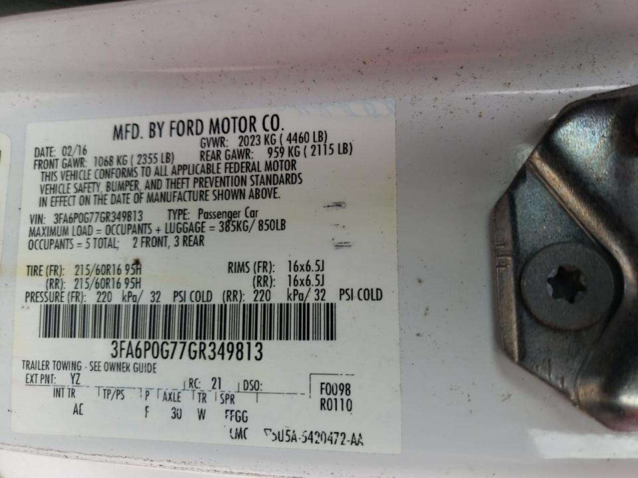 Photo 10 from auction – 2016 FORD FUSION S with VIN 3FA6P0G77GR349813