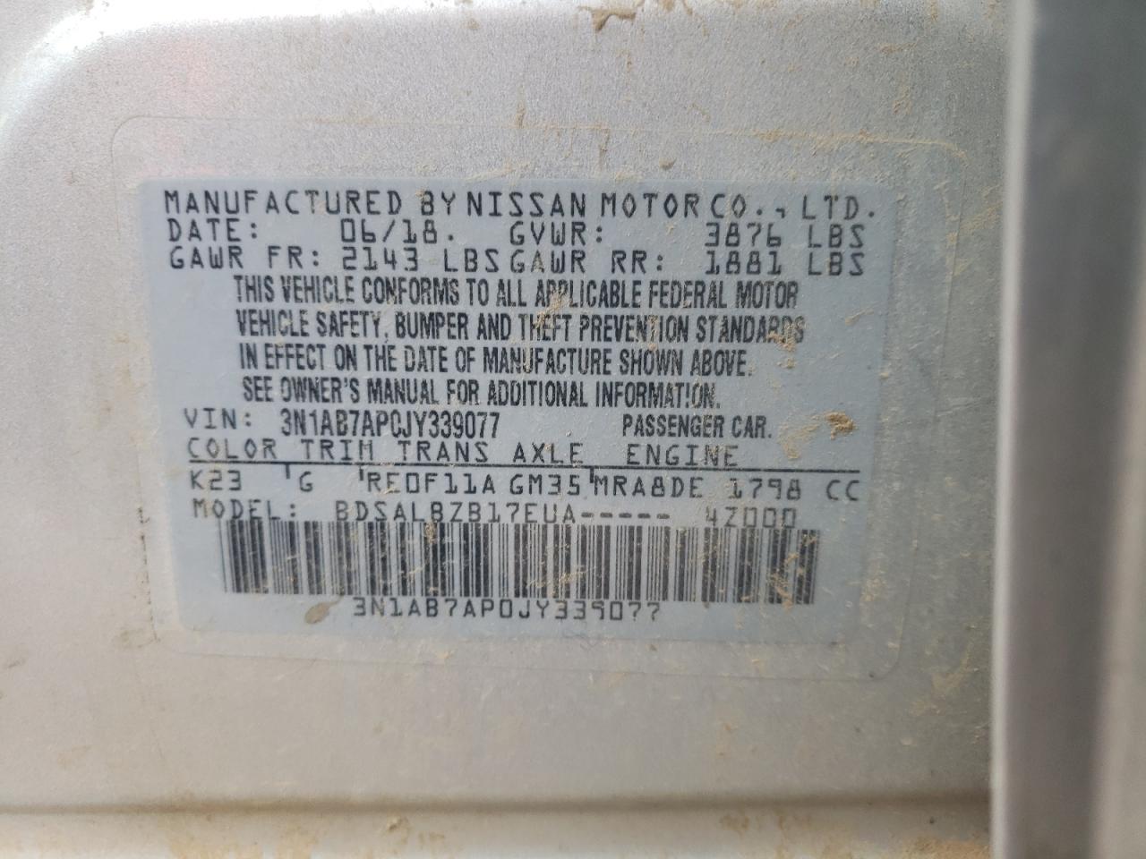 Photo 10 from auction – 2018 NISSAN SENTRA S with VIN 3N1AB7AP0JY339077
