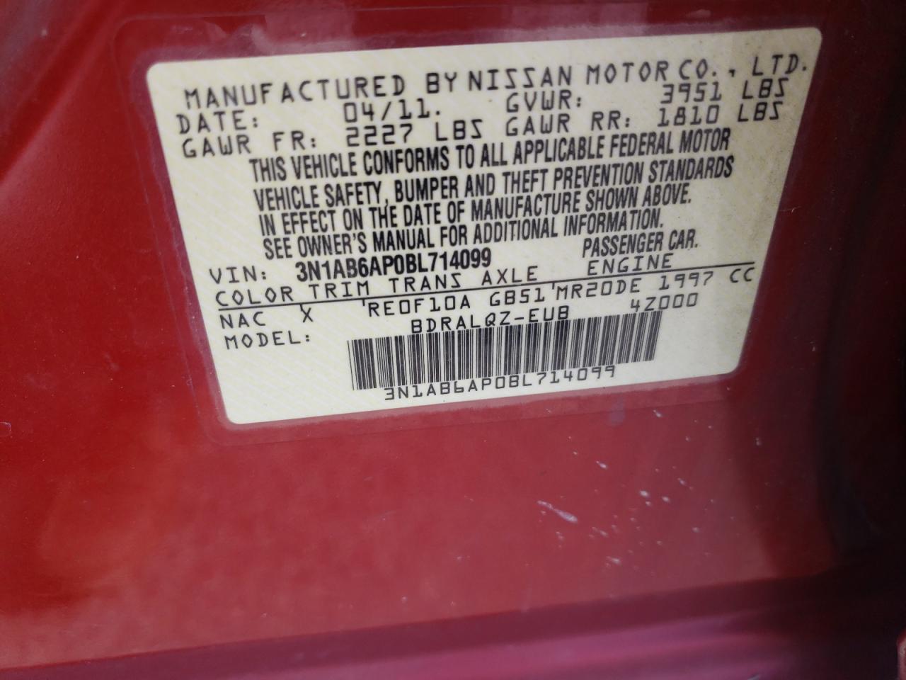 Photo 10 from auction – 2011 NISSAN SENTRA 2.0 with VIN 3N1AB6AP0BL714099