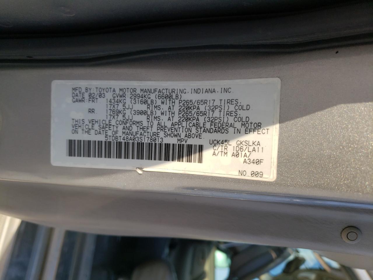 Photo 10 from auction – 2003 TOYOTA SEQUOIA LI with VIN 5TDBT48A03S178013