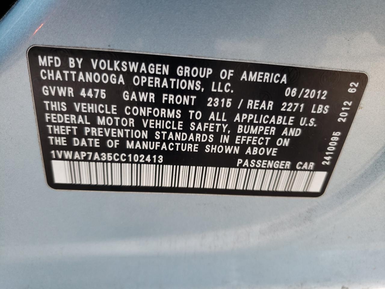 Photo 10 from auction – 2012 VOLKSWAGEN PASSAT S with VIN 1VWAP7A35CC102413